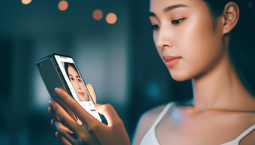 Confident woman with glowing skin using phone for beauty tips